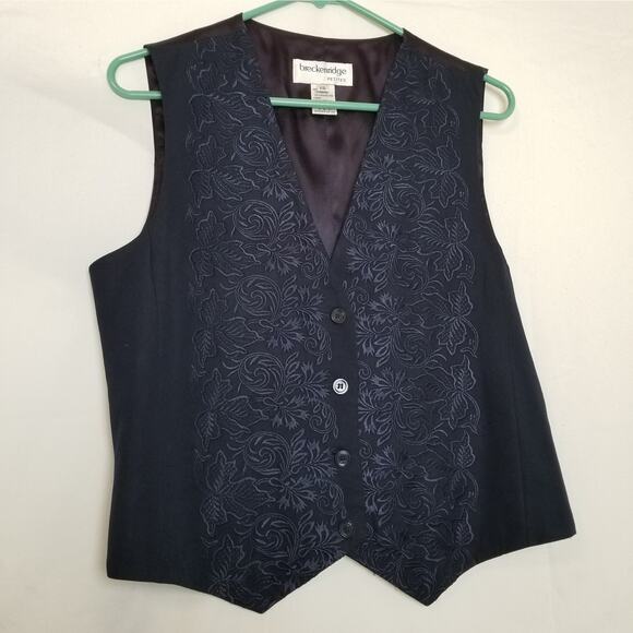 Breckenridge Women's Navy Embroidered Pattern Button Up Vest Size 12 Petite - Picture 1 of 6